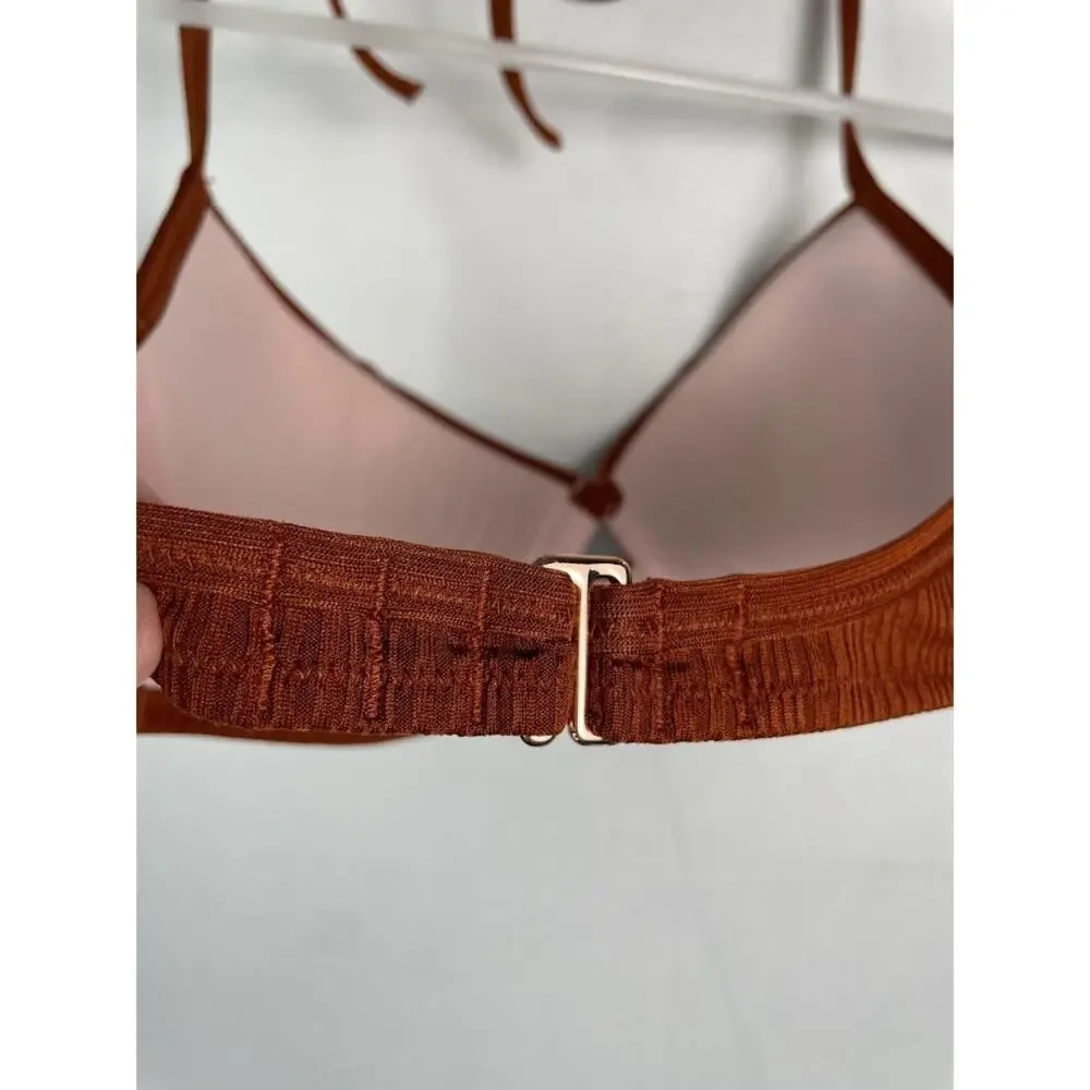 Shade & Shore Copper Bikini Top Swimsuit Fixed Cup Halter Tie Satin Top 32B